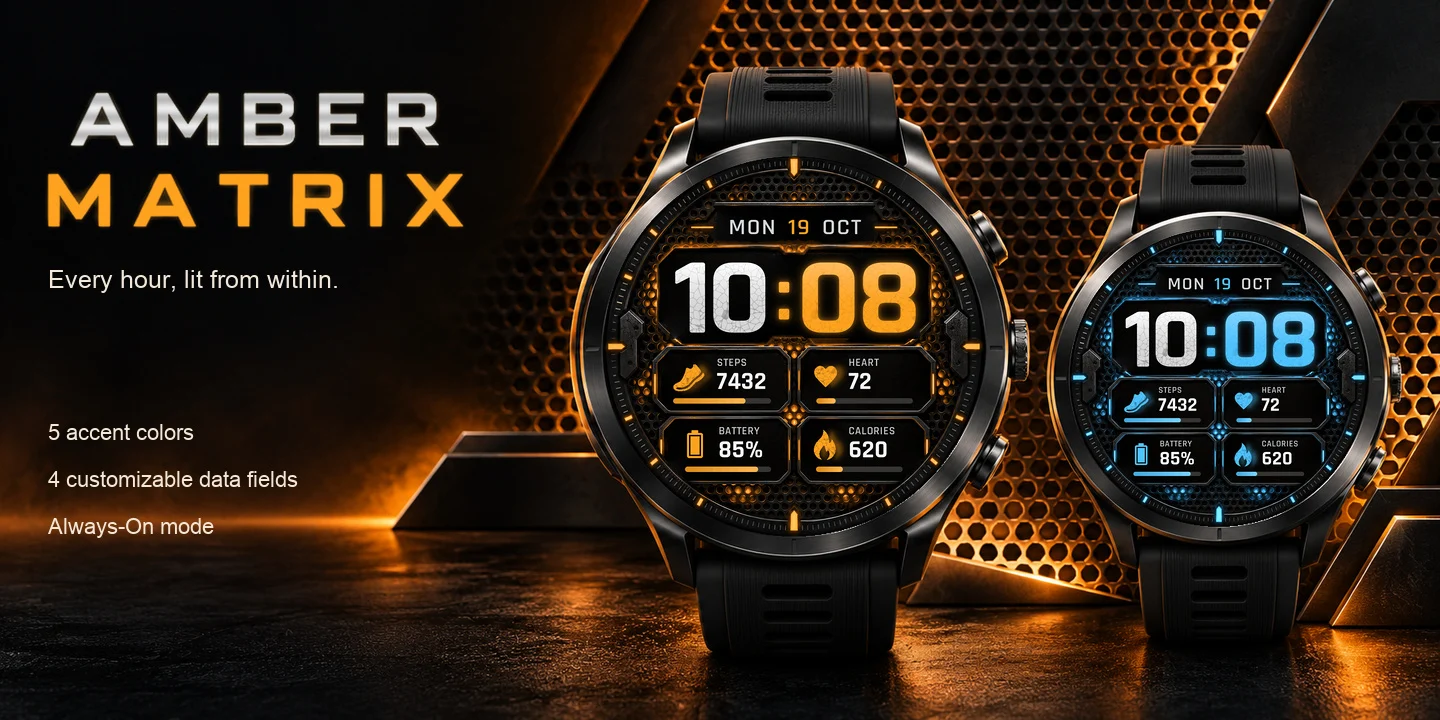 Amber Matrix en relojes de varios colores de acento, rejilla de panal retroiluminada con hora grande texturizada y cuatro campos de datos