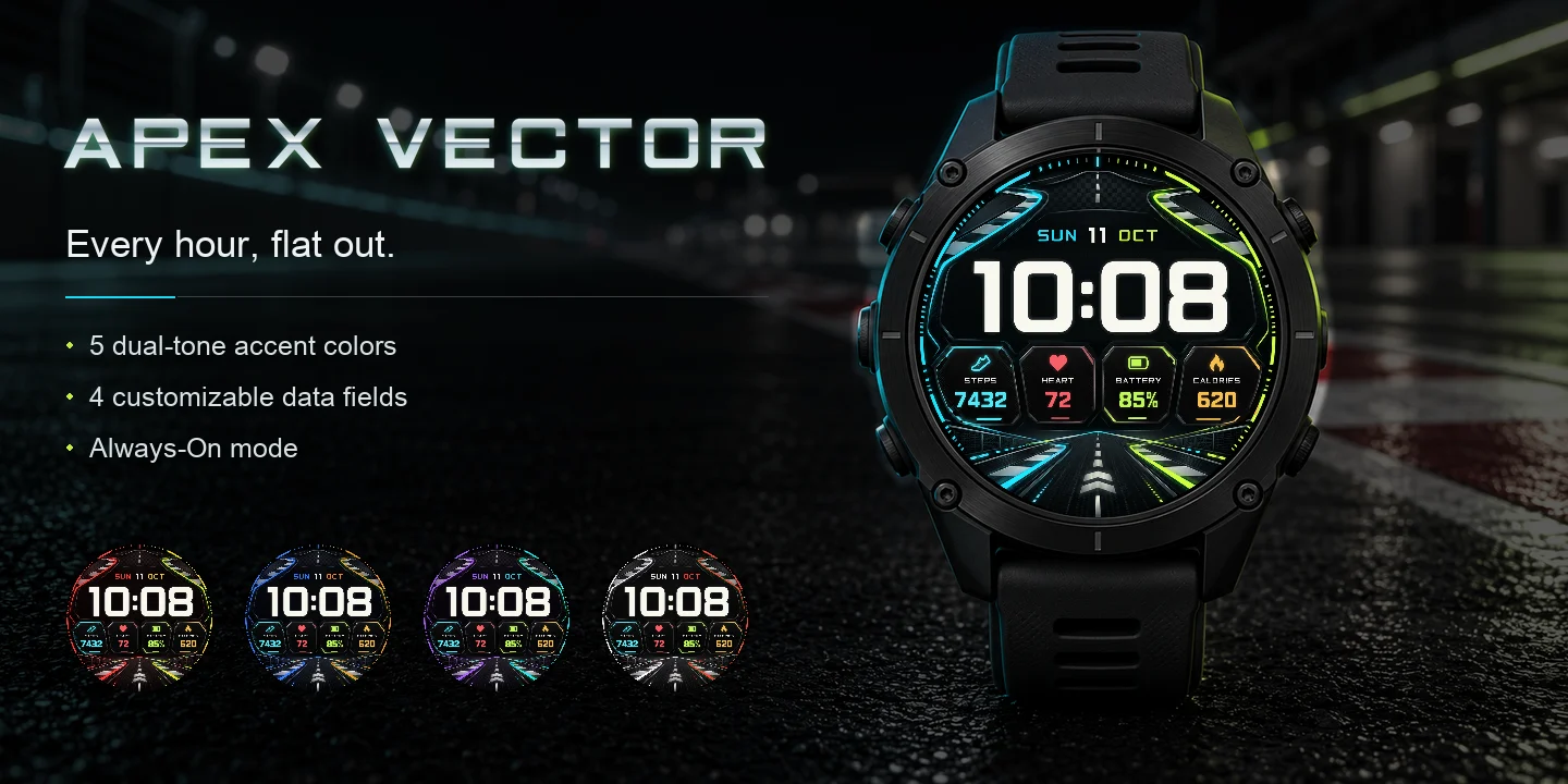 Apex Vector en el reloj, pit lane de noche