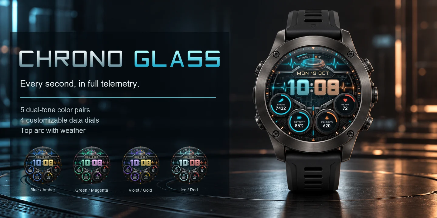 Chrono Glass en el reloj, HUD de cristal con luz cian y cobre