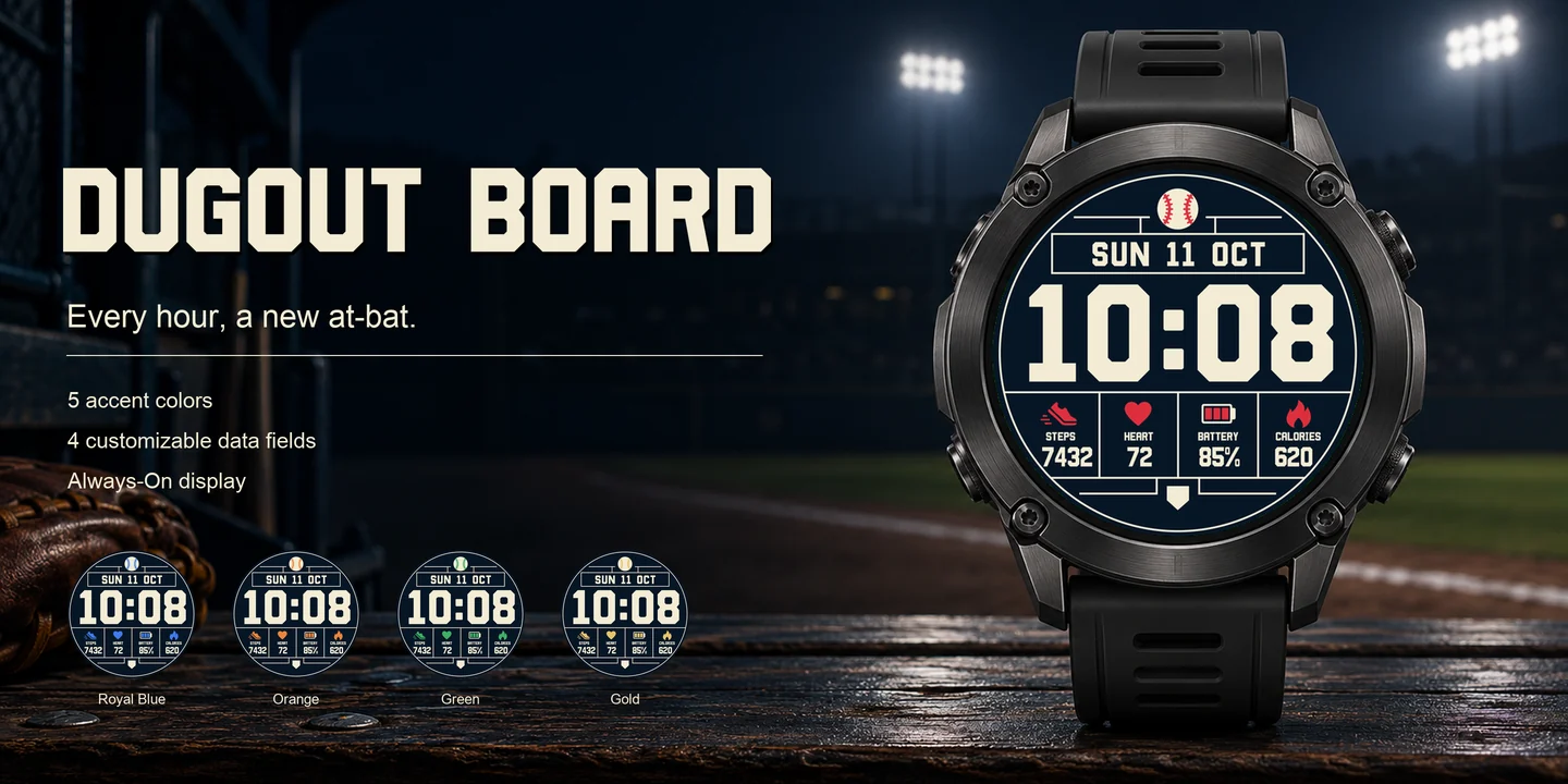 Dugout Board en un reloj, sobre el banco del dugout bajo las luces del estadio