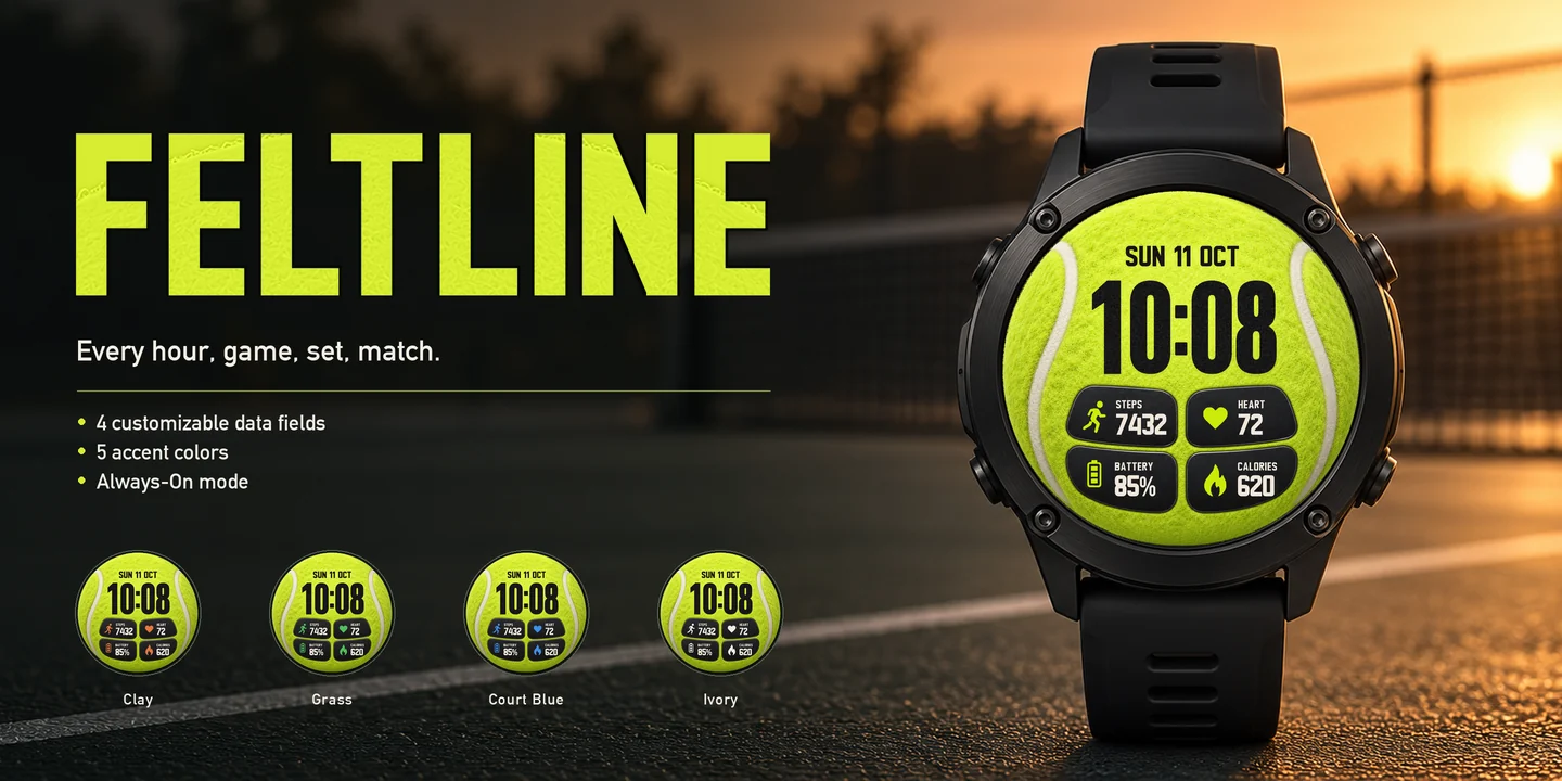 Feltline an einer Uhr, Tennisplatz in der Abenddämmerung
