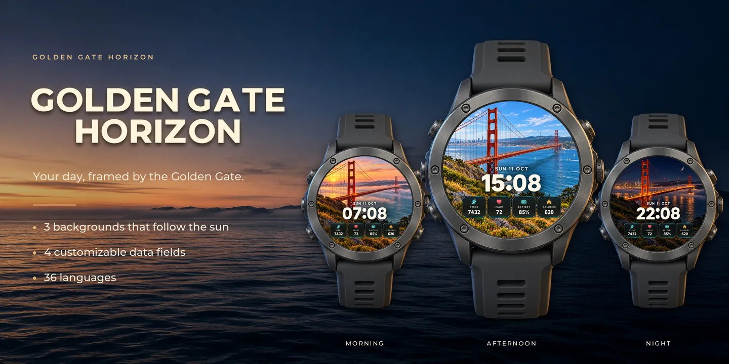 Golden Gate Horizon an drei Uhren: Morgen, Nachmittag und Nacht