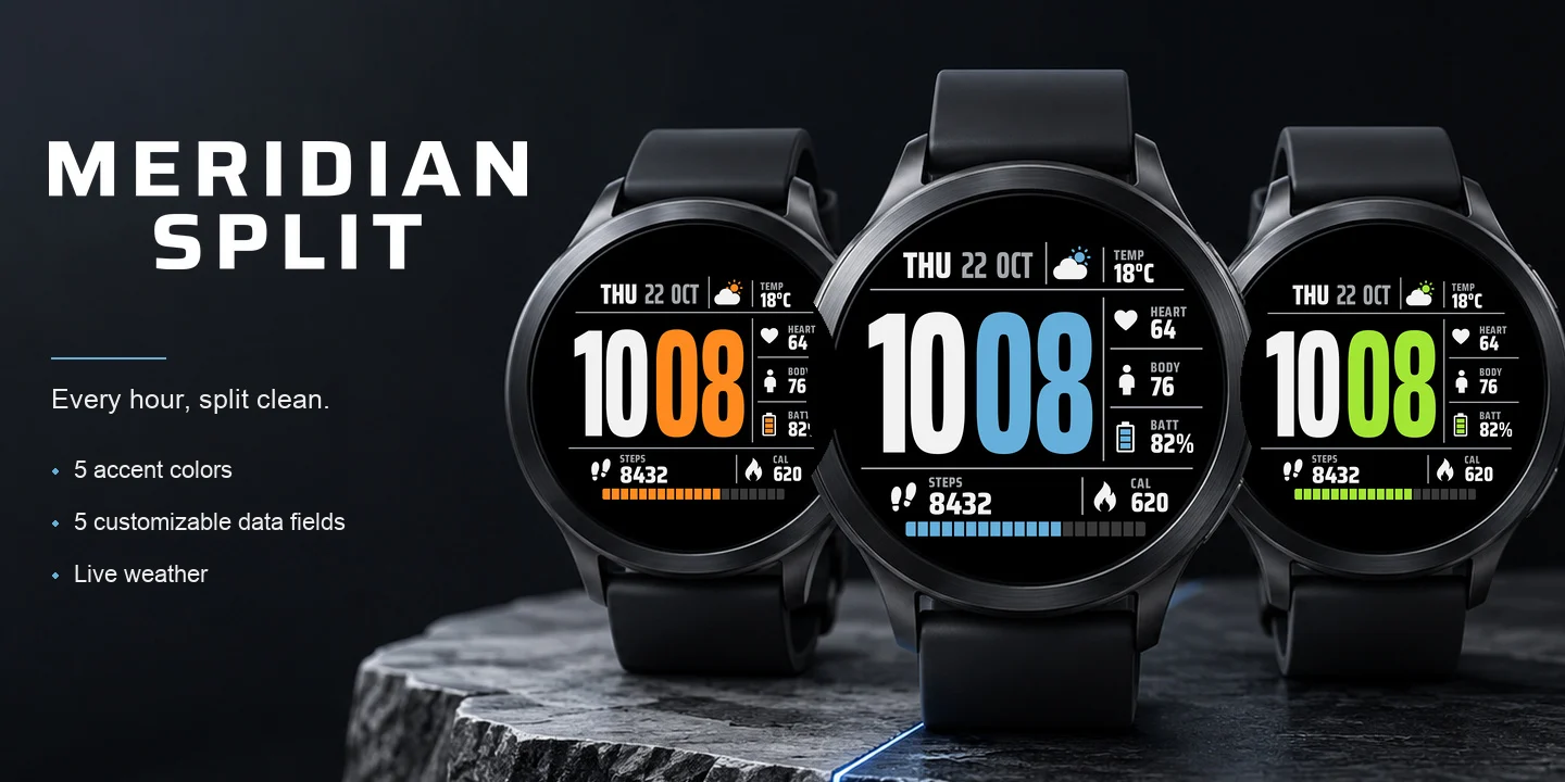 Meridian Split sur des montres de plusieurs couleurs d'accent, une heure haute en deux tons avec la météo et des champs de données séparés par de fines lignes grises