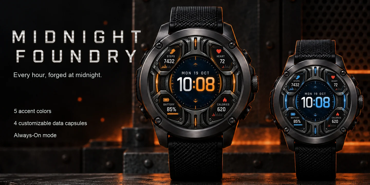 Midnight Foundry en dos relojes, acero cepillado con ranuras de luz ámbar y azul y cuatro cápsulas de datos