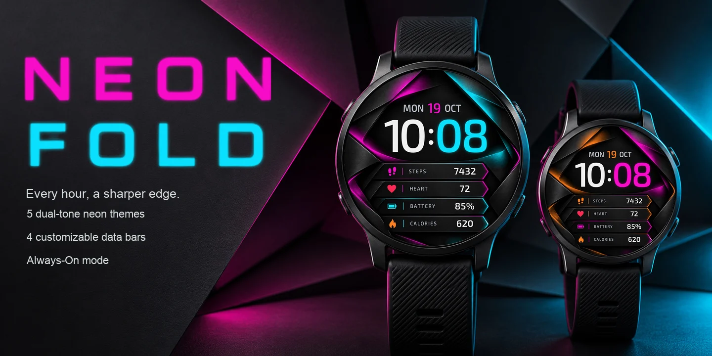 Neon Fold em dois relógios, camadas de grafite dobradas com bordas neon magenta e ciano e quatro barras de dados