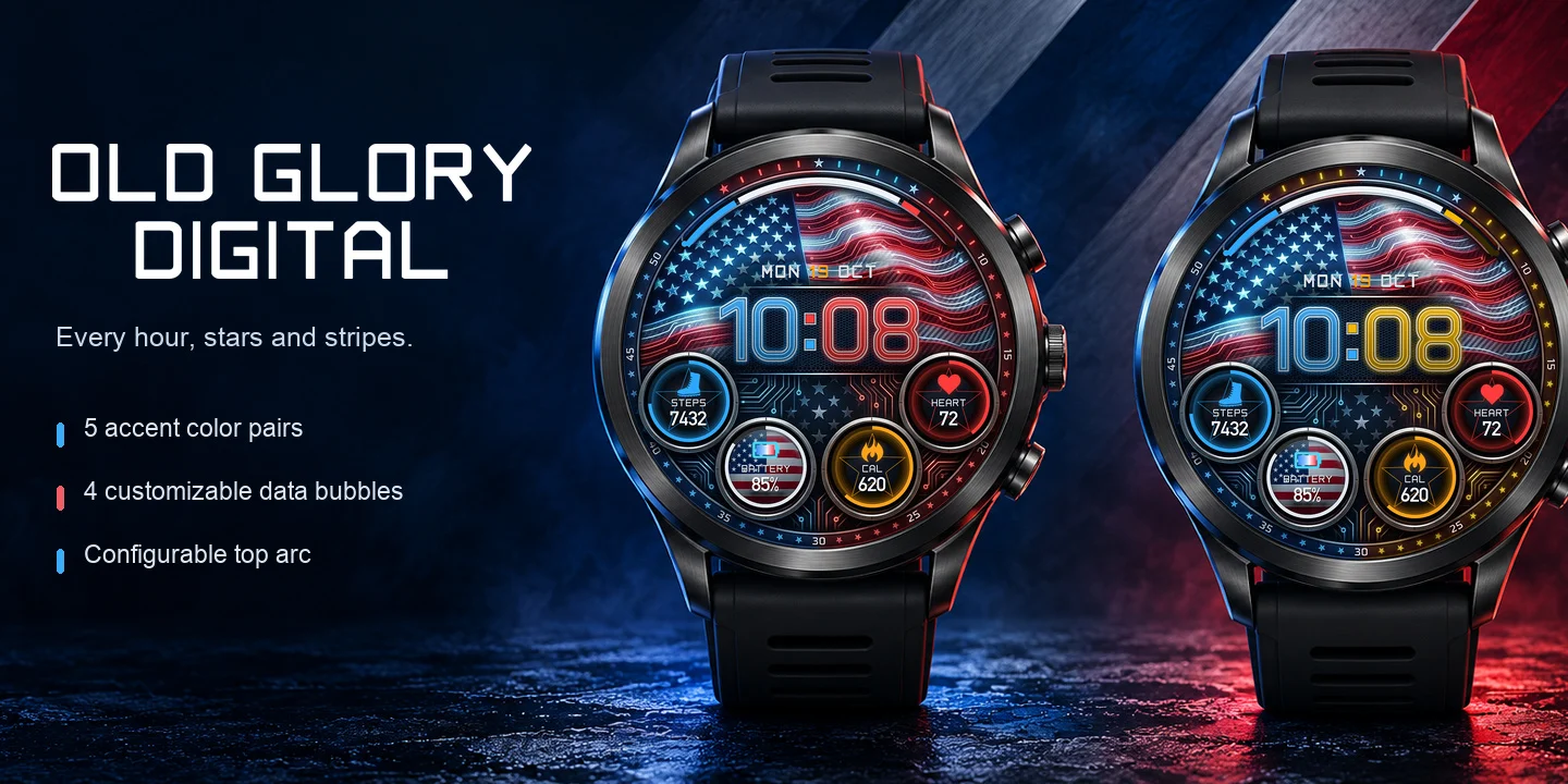 Old Glory Digital on two watches, a glowing digital American flag above blue and red time