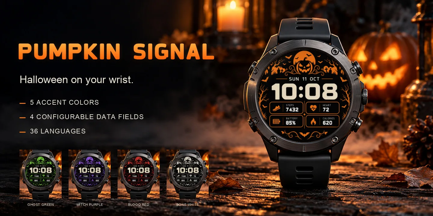 Pumpkin Signal on a watch, jack-o'-lantern under a full moon