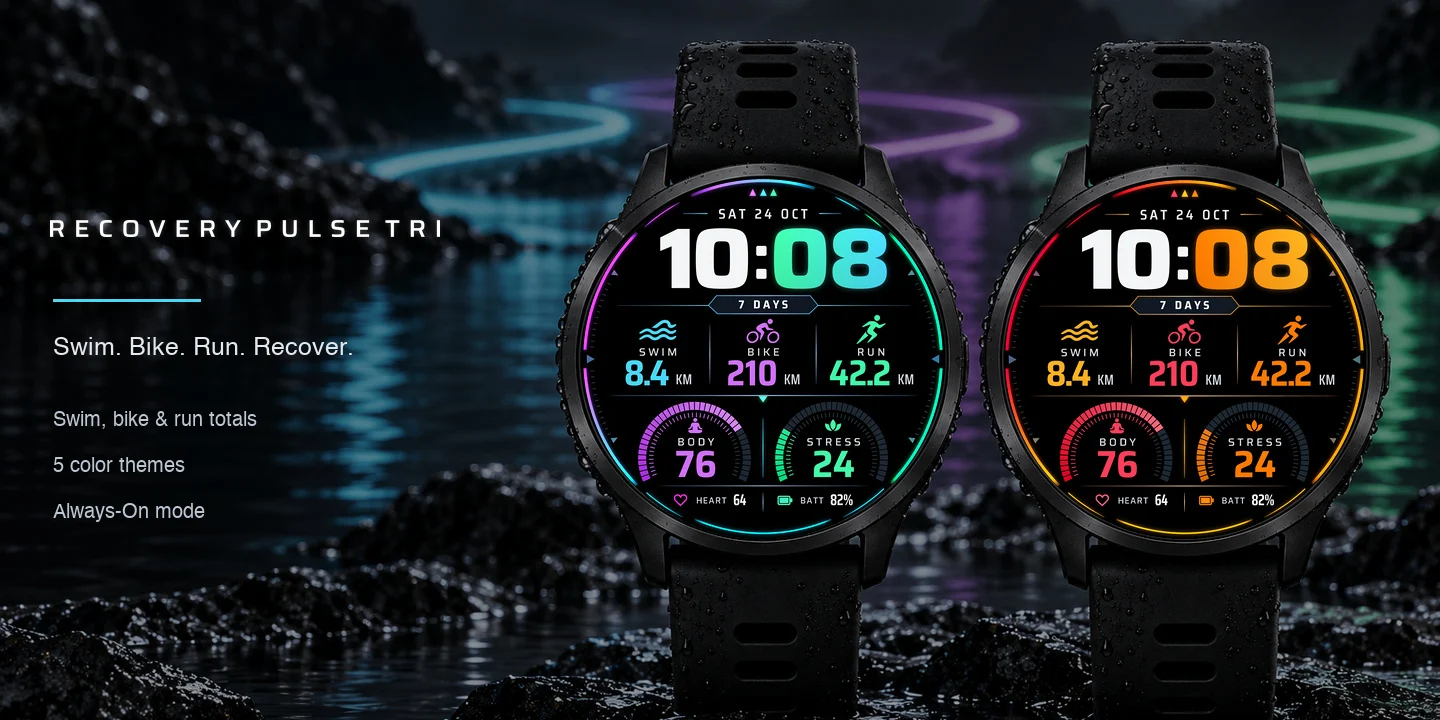 Recovery Pulse Tri on watches in several color themes, with swim, bike and run totals and two arc gauges