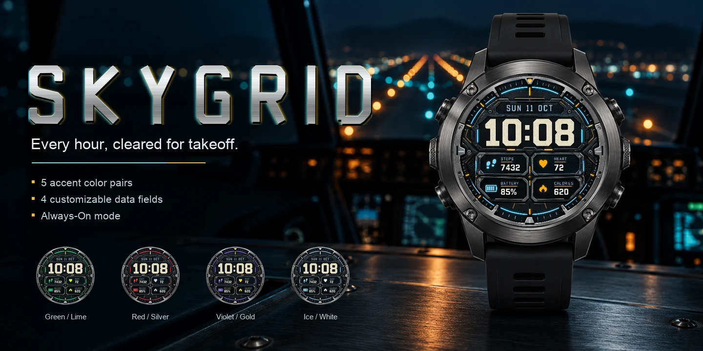 Skygrid on a watch, night cockpit