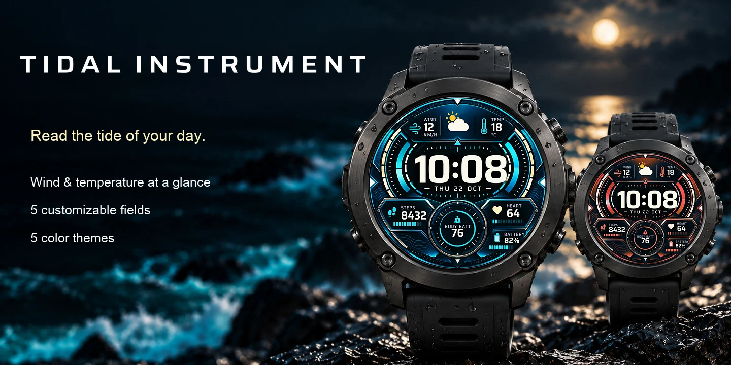 Tidal Instrument sur des montres en plusieurs thèmes de couleur, avec vent, température, pas, fréquence cardiaque et Body Battery