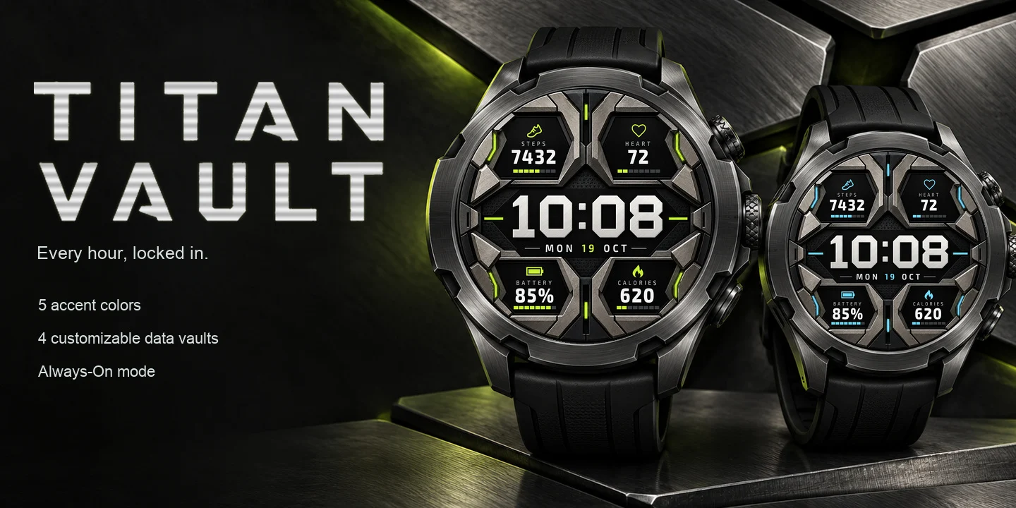 Titan Vault sur deux montres, plaques de titane brossé avec accent vert et bleu glacier et quatre coffres de données
